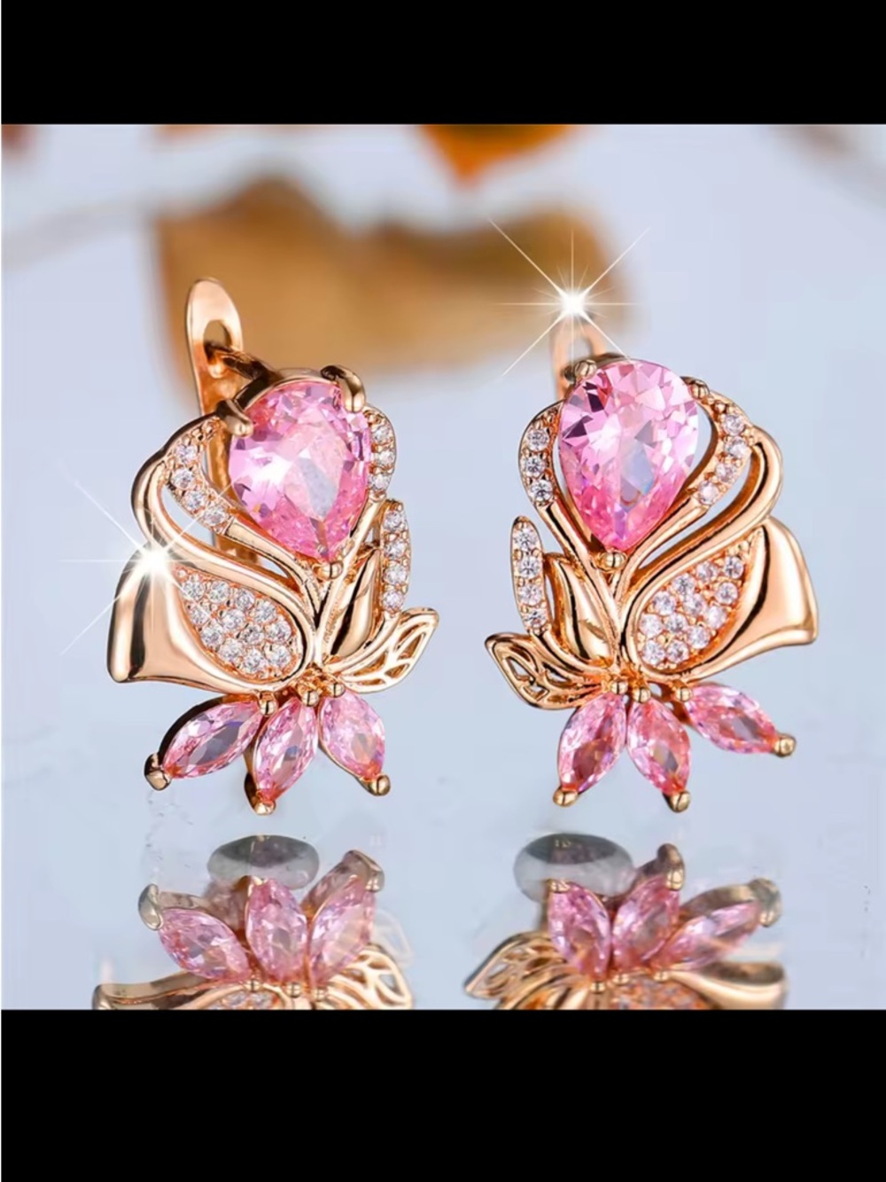 Rose Gold Pink Teardrop Floral Earrings - Elegant Women's Jewelry